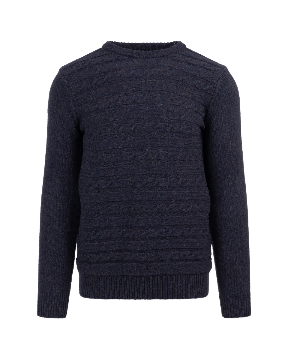 Raf Simons "RIOT! RIOT! RIOT!" cable woven navy crewneck sweater thumbnail