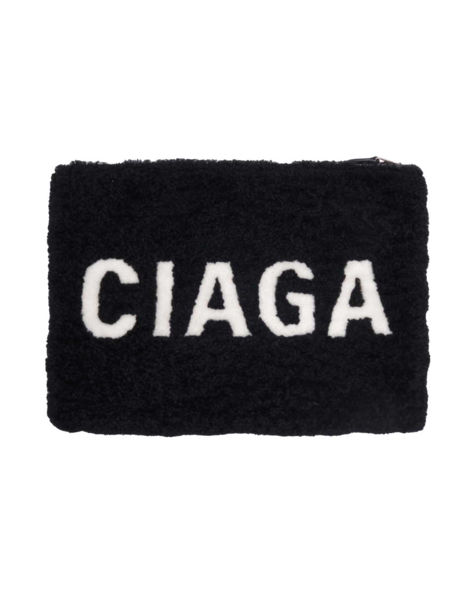 Balenciaga black shearling merino lamb logo zip clutch bag thumbnail