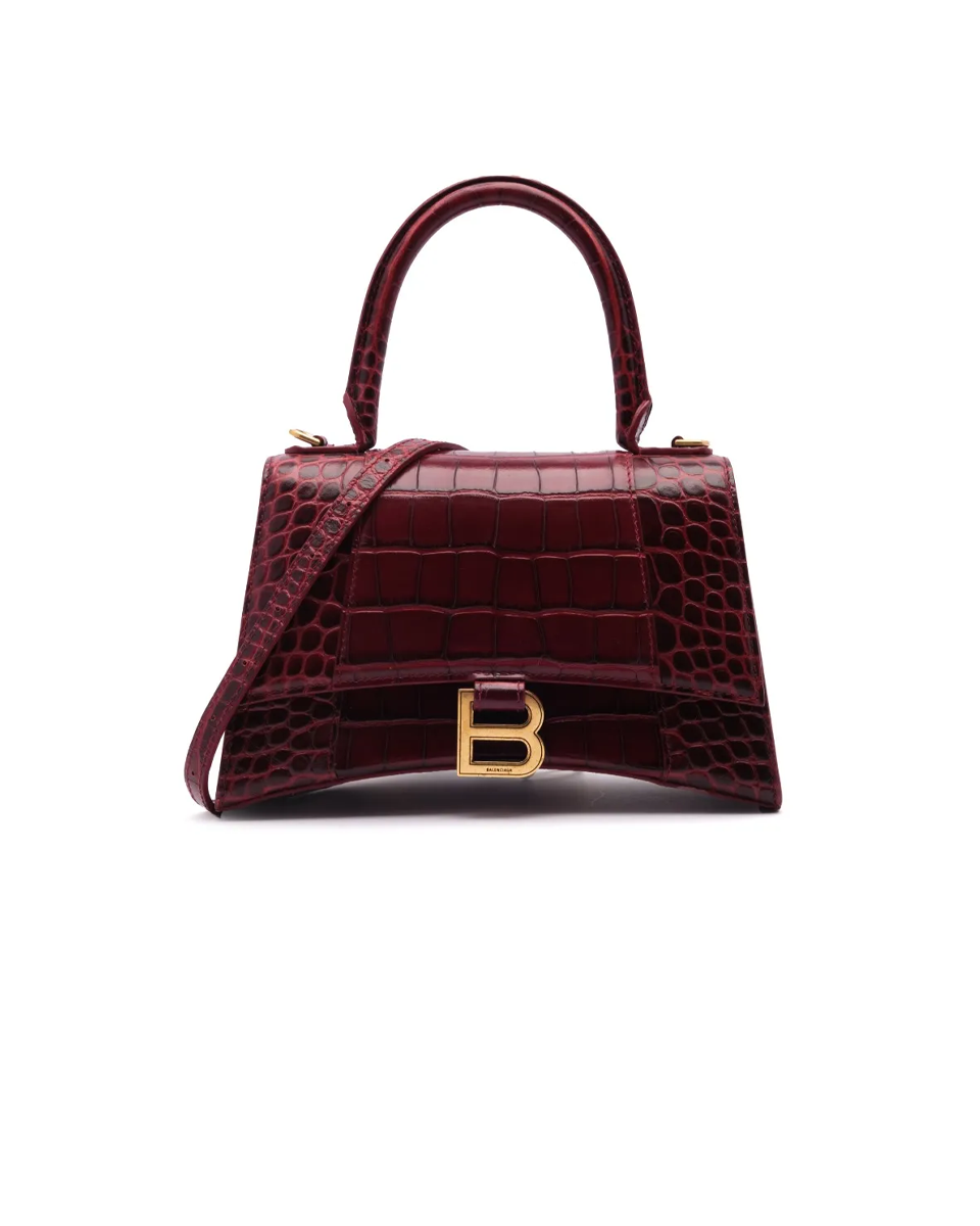 Balenciaga Hourglass small crocodile embossed maroon leather bag thumbnail