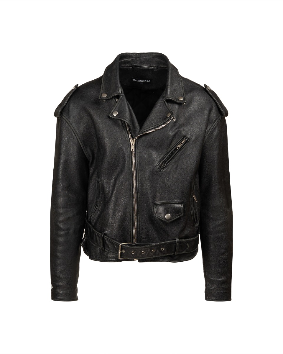 Balenciaga sleeve painted logo oversized leather moto jacket thumbnail