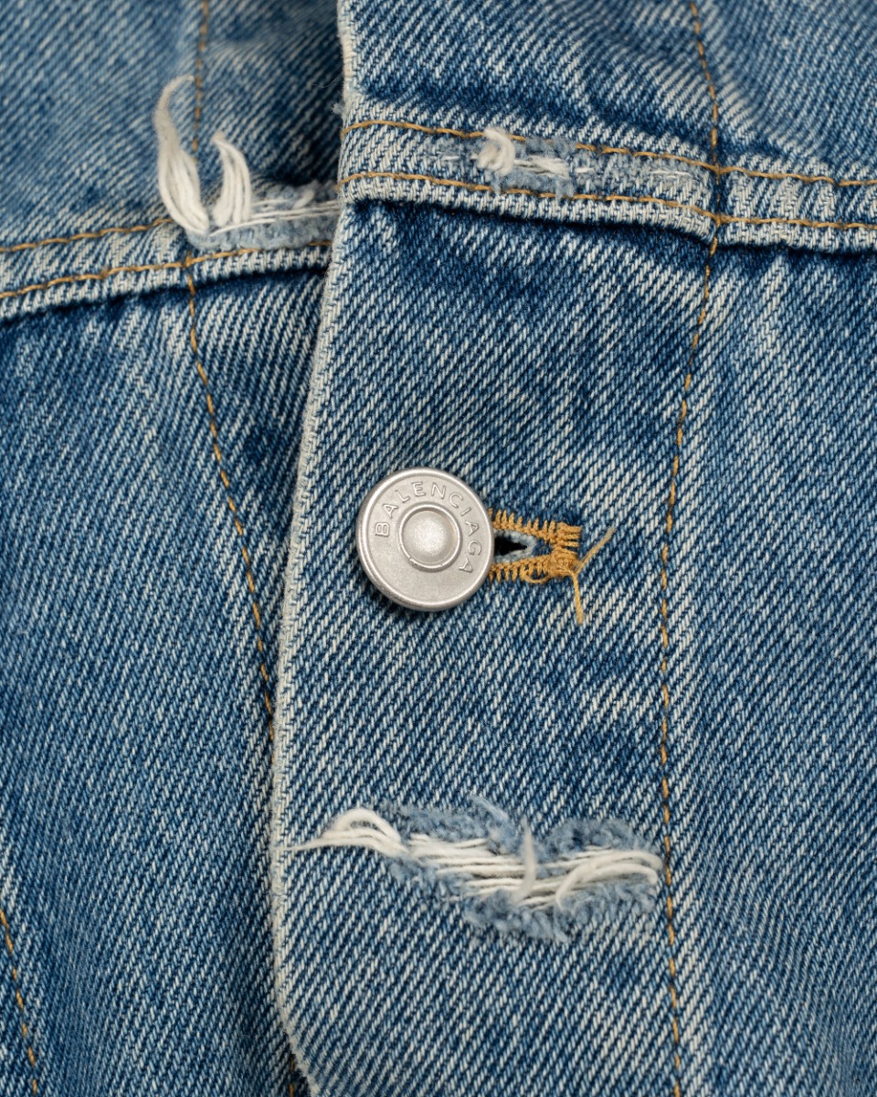 Balenciaga Swing asymetrical distressed denim trucker jacket thumbnail