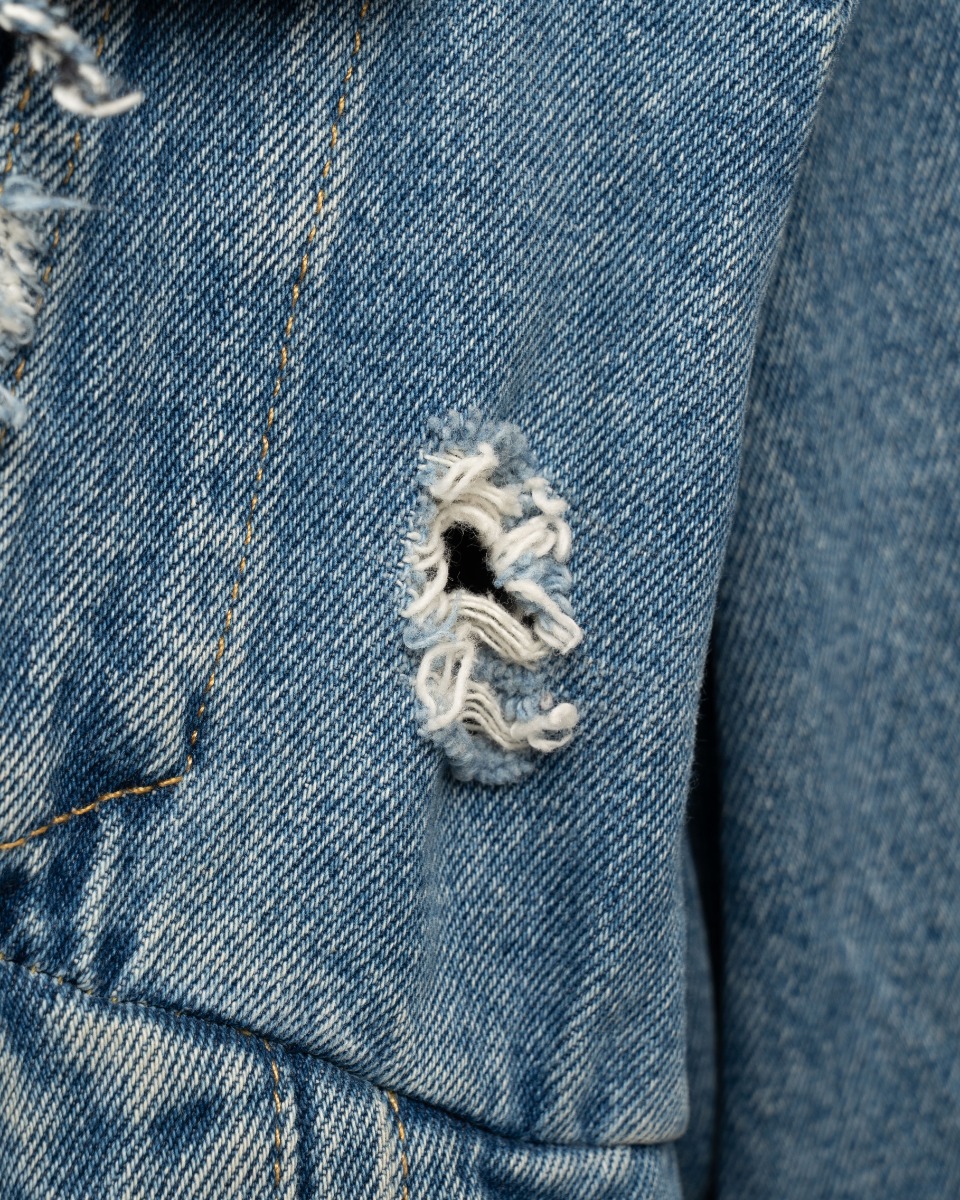 Balenciaga Swing asymetrical distressed denim trucker jacket thumbnail