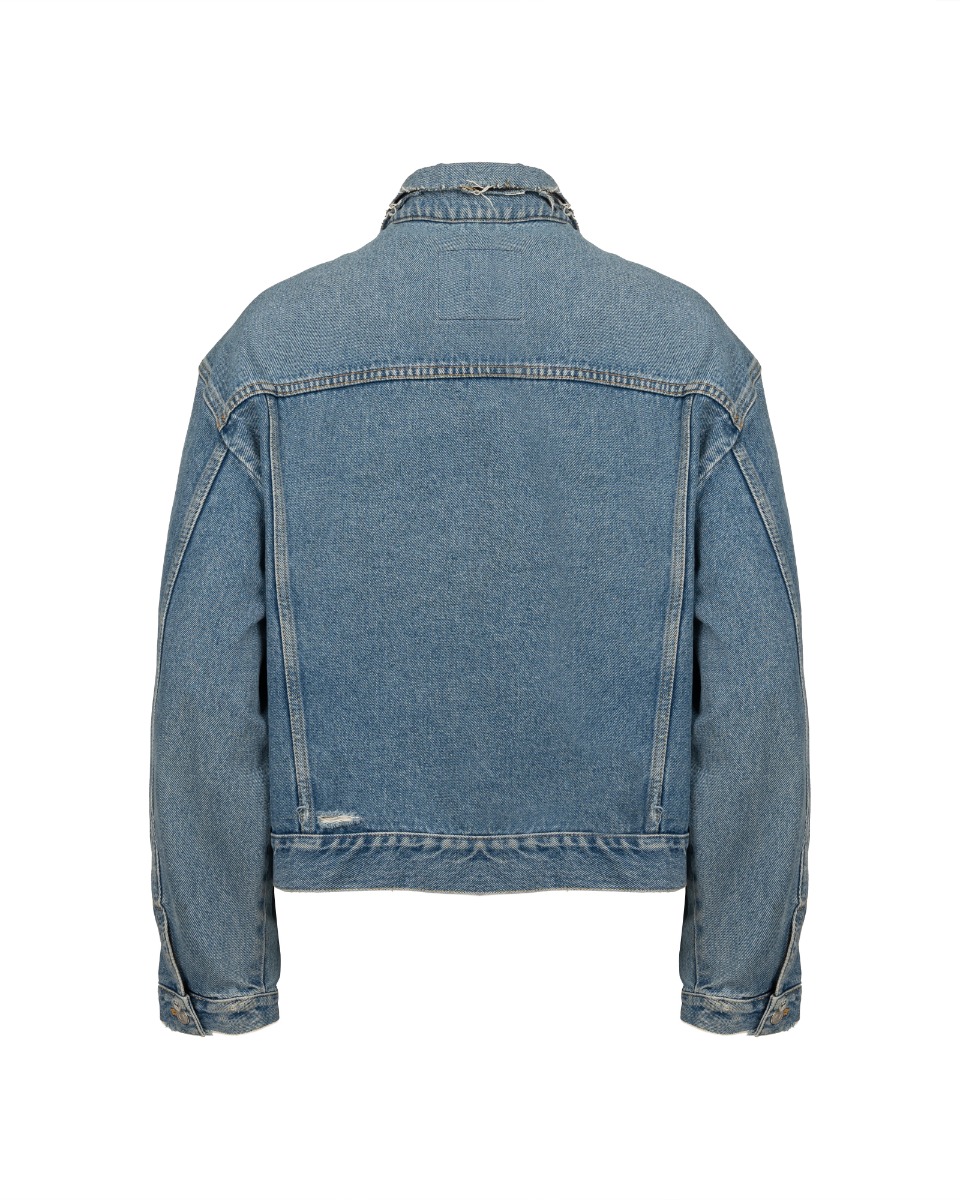 Balenciaga Swing asymetrical distressed denim trucker jacket thumbnail