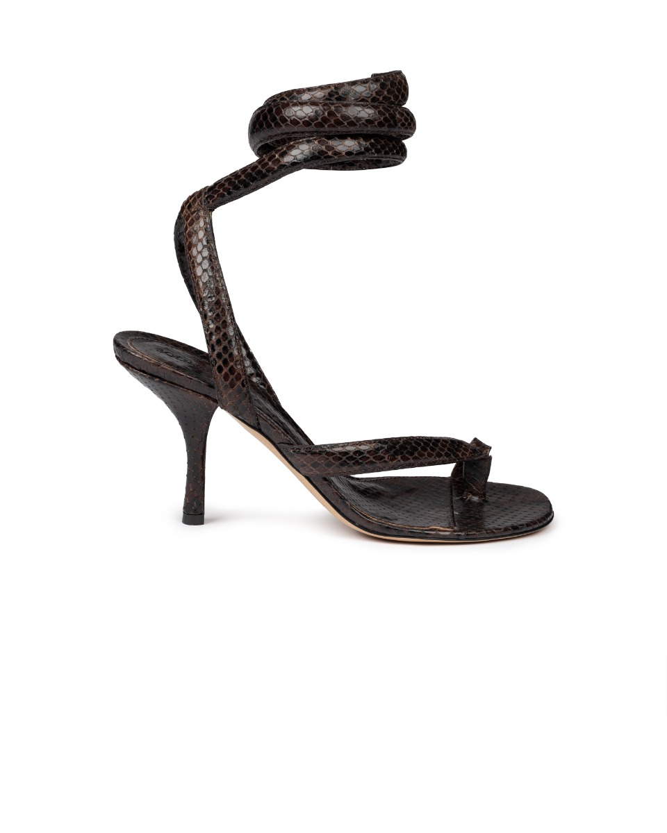 Bottega Veneta Spiral ankle wrap python embossed heel sandals thumbnail