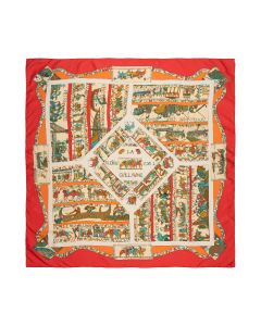 Hermes "A la Gloire de Guillaume" by Loic Dubigeon silk red scarf