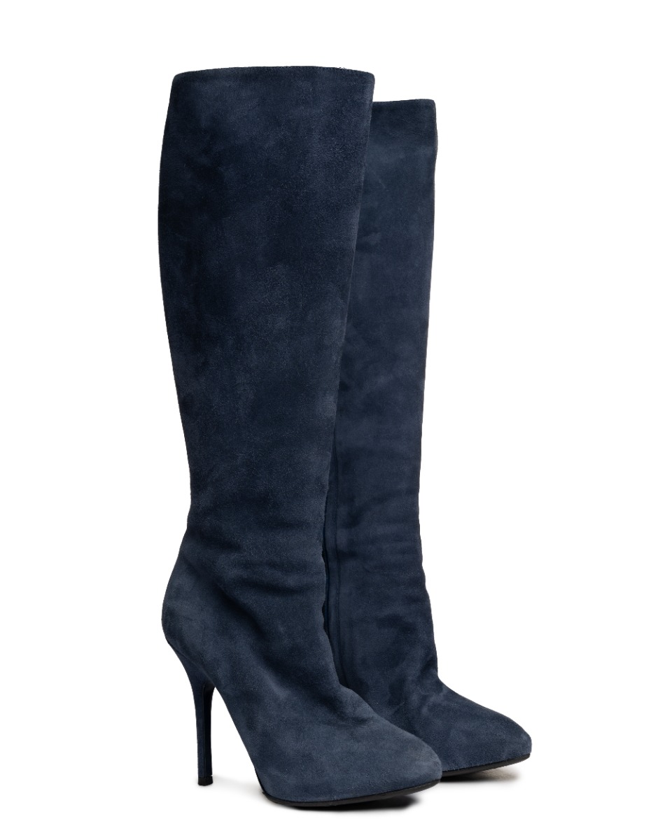 Dior Pleats Marine blue suede knee boots thumbnail