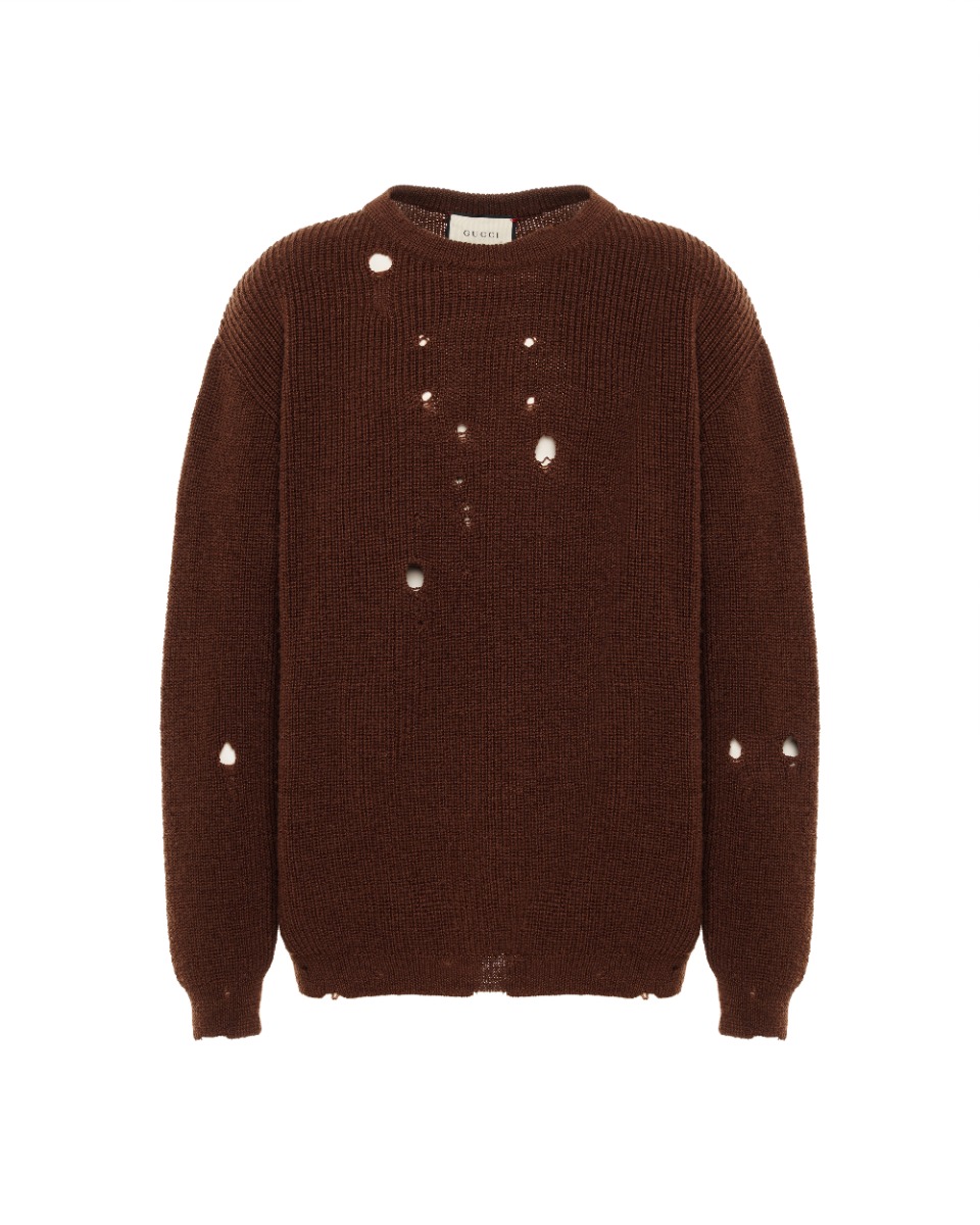 Gucci distressed brown wool oversized sweater thumbnail