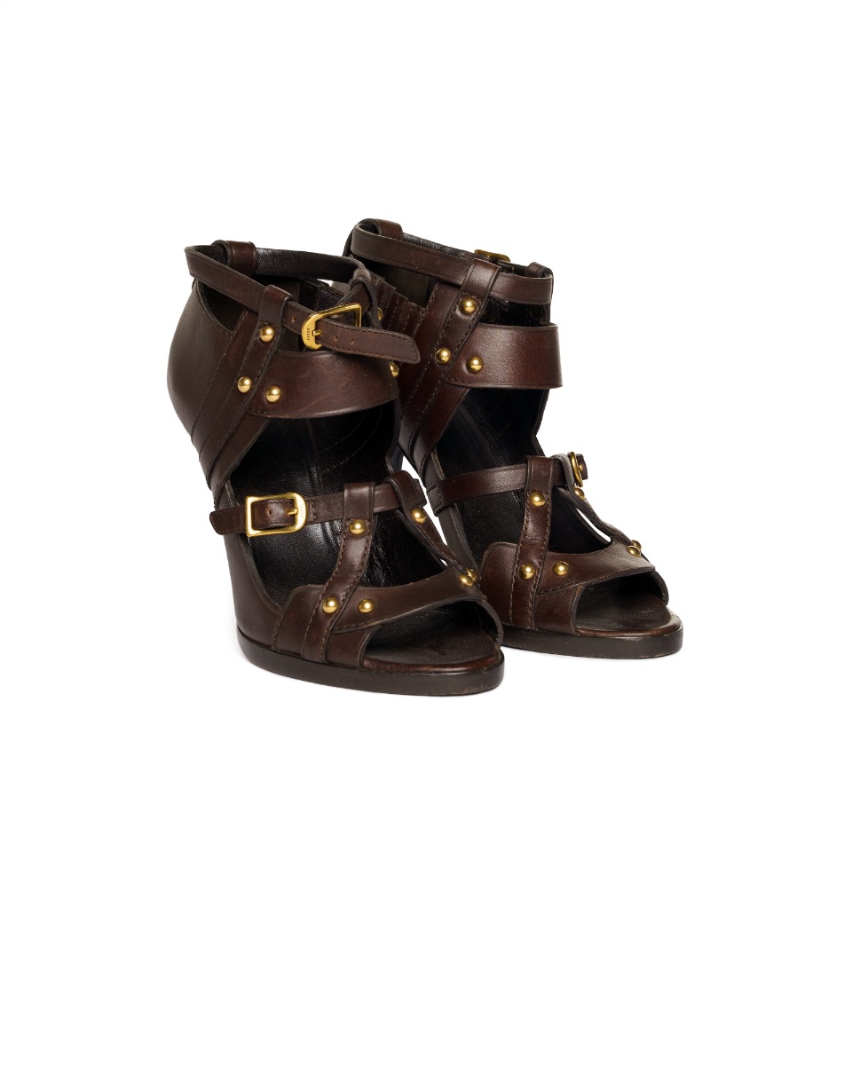 Gucci Gladiator studded cocoa brown heels thumbnail