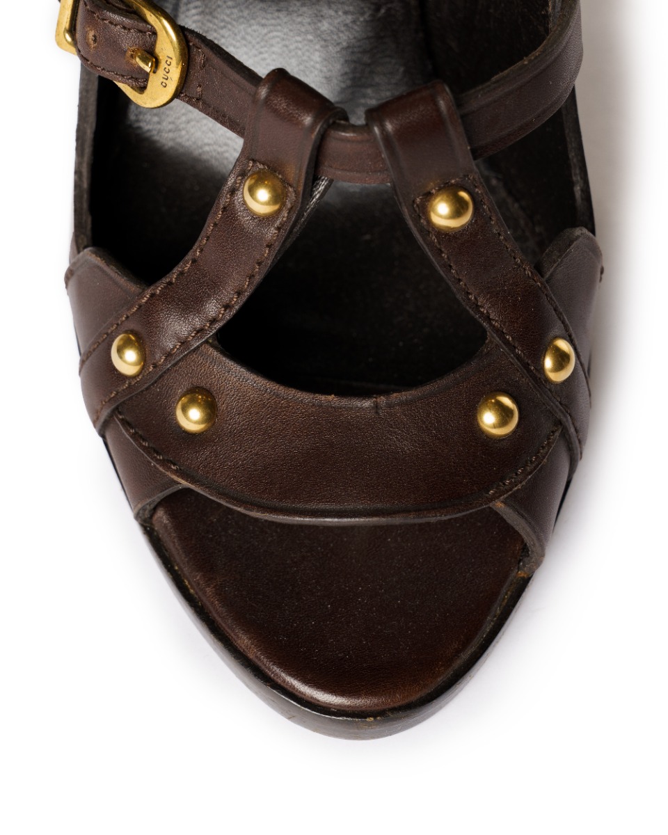 Gucci Gladiator studded cocoa brown heels thumbnail