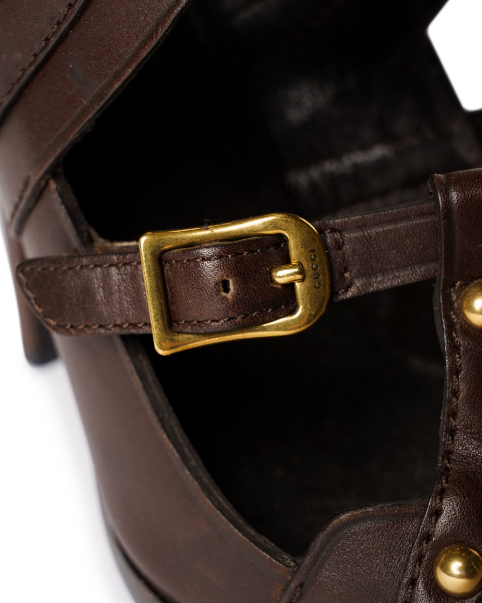 Gucci Gladiator studded cocoa brown heels thumbnail