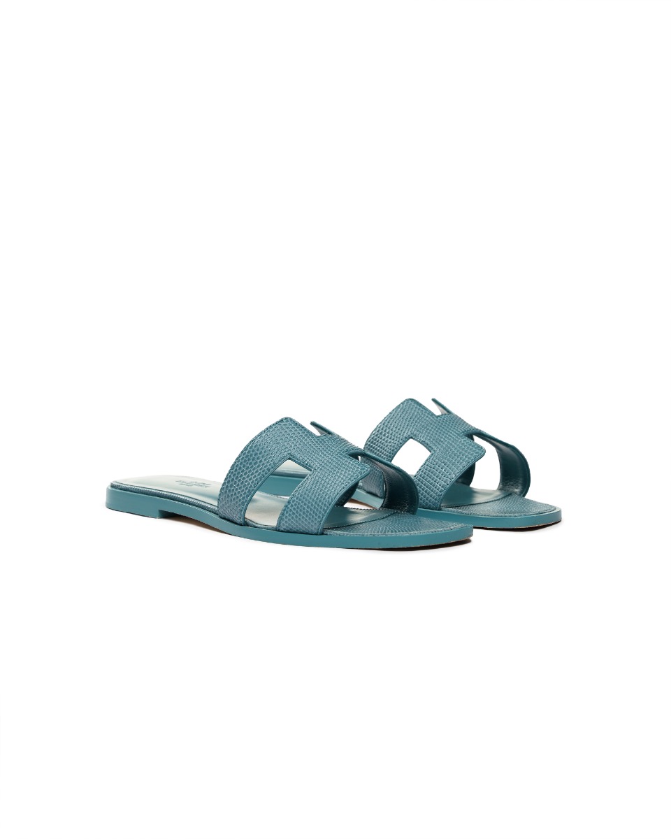 Hermes Oran Gris Antarctique lizard leather sandals thumbnail
