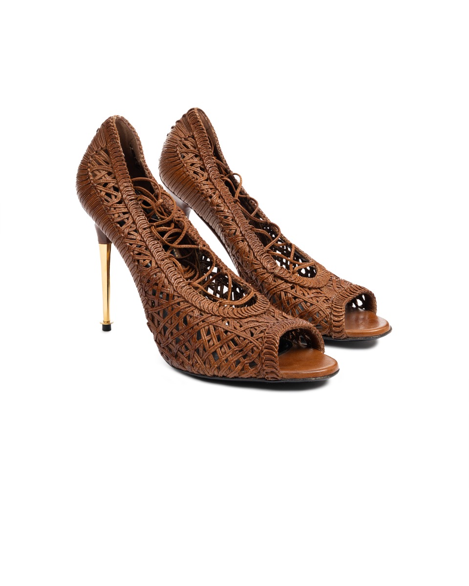 Tom Ford napa lace peep toe pump brown heels thumbnail